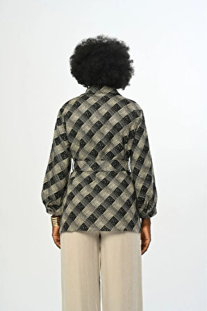 KADIN ÇİFT CEPLİ KUŞAKLI DESENLİ GÖMLEK