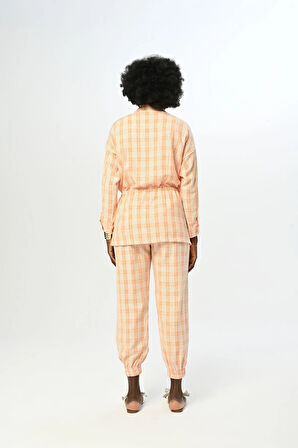 KADIN RAHAT KALIP BELİ LASTİKLİ EKOSE DESENLİ PANTOLON