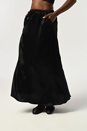 KADIN BELİ LASTİKLİ UZUN BOY DÜZ RENK VİSKON KUMAŞ ETEK