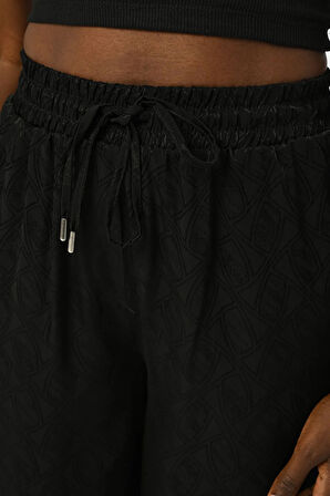 KADIN BELİ LASTİKLİ BOL PAÇA SİYAH DESENLİ PANTOLON