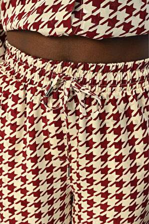 KADIN BELİ LASTİKLİ BOL PAÇA KAZAYAĞI DESENLİ PANTOLON