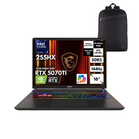 MSI VECTOR 16 HX AI Ultra 7-255HX 48 -GBDDR5 2 TB RTX5070Ti (12 GB-GDDR7-40W) 16" FHD+ 144Hz Freedos + QB Sırt Çantası A2XWHG-091XTRQB9