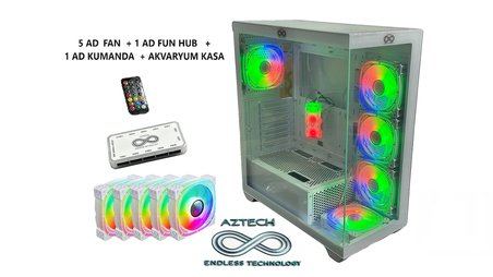 AZTECH AZT15 1050W Temper Cam , RGB Switch Beyaz 5 x RGB Fan Uzakdan Kumanda Akvaryum Gamin Kasa