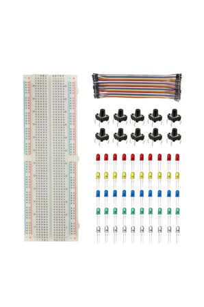 4'lü Set: 830 Pin Breadboard - 5mm Led - 6mm Buton - Erkek Erkek Jumper Kablo