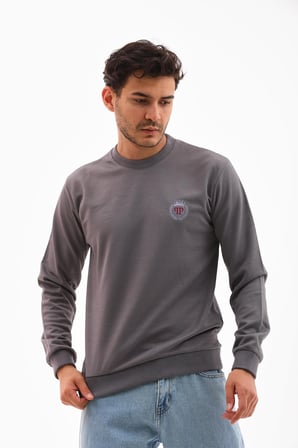 Erkek Gri Melanj Renk Mare Jaker Kumaş Bisiklet Yaka Uzun Kollu Sweatshirt - 7656