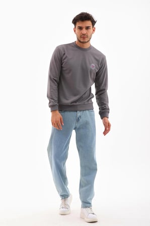 Erkek Gri Melanj Renk Mare Jaker Kumaş Bisiklet Yaka Uzun Kollu Sweatshirt - 7656