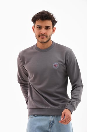 Erkek Gri Melanj Renk Mare Jaker Kumaş Bisiklet Yaka Uzun Kollu Sweatshirt - 7656
