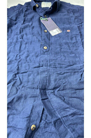 Slim Fit Italyan Kesim Gerçek Keten Gömlek-- Mavisax--