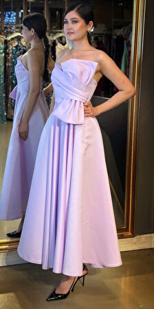 Lila Straplez Yaka Kloş Etekli Saten Midi Abiye Elbise 7657