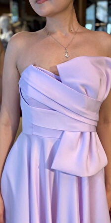 Lila Straplez Yaka Kloş Etekli Saten Midi Abiye Elbise 7657