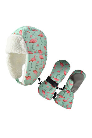Petityu Su Geçirmez Kız Çocuk Bere Eldiven Set Mint Üstü Pembe Flamingo Desenli Kayak Snowbord 2-4 Yaş