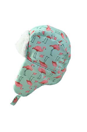 Petityu Su Geçirmez Kız Çocuk Bere Eldiven Set Mint Üstü Pembe Flamingo Desenli Kayak Snowbord 2-4 Yaş