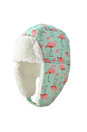 Petityu Su Geçirmez Kız Çocuk Bere Eldiven Set Mint Üstü Pembe Flamingo Desenli Kayak Snowbord 2-4 Yaş