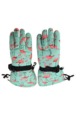 Petityu Su Geçirmez Kız Çocuk Bere Eldiven Set Mint Üstü Pembe Flamingo Desenli Kayak Snowbord 2-4 Yaş