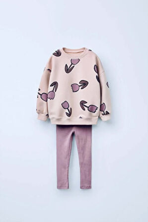 Kız Çocuk 3 iplik Pamuklu Kumaş Lale Desenli Sweatshirt ve FitilliTayt Alt Üst Takım