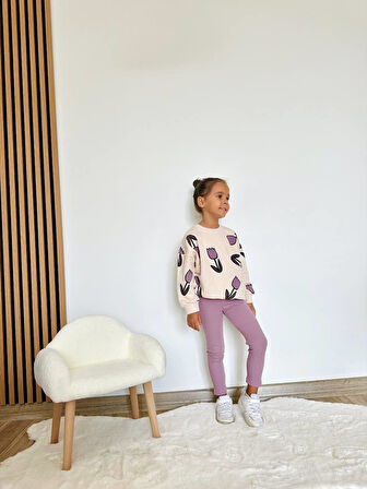 Kız Çocuk 3 iplik Pamuklu Kumaş Lale Desenli Sweatshirt ve FitilliTayt Alt Üst Takım