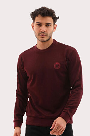 Erkek Bordo Mare Jaker Kumaş Bisiklet Yaka Uzun Kollu Sweatshirt - 7656