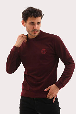 Erkek Bordo Mare Jaker Kumaş Bisiklet Yaka Uzun Kollu Sweatshirt - 7656