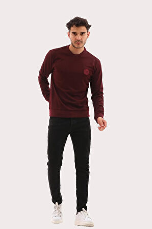 Erkek Bordo Mare Jaker Kumaş Bisiklet Yaka Uzun Kollu Sweatshirt - 7656