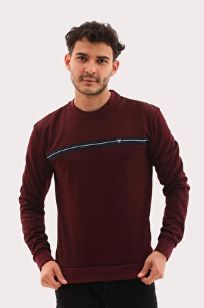 Erkek Bordo Mare Jaker Kumaş Bisiklet Yaka Göğüste Şerit Nakışlı Uzun Kollu Sweatshirt - 7657