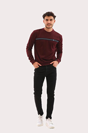 Erkek Bordo Mare Jaker Kumaş Bisiklet Yaka Göğüste Şerit Nakışlı Uzun Kollu Sweatshirt - 7657