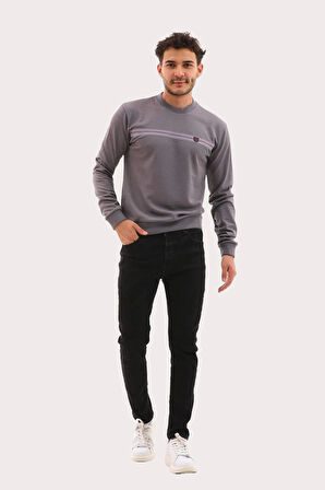 Erkek Koyu Gri Mare Jaker Kumaş Bisiklet Yaka Uzun Kollu Sweatshirt - 7657