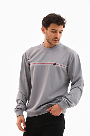 Erkek Gri Mare Jaker Kumaş Bisiklet Yaka Göğüste Şerit Nakışlı Uzun Kollu Sweatshirt - 7657