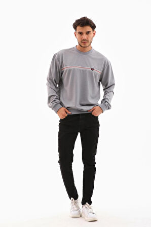 Erkek Gri Mare Jaker Kumaş Bisiklet Yaka Göğüste Şerit Nakışlı Uzun Kollu Sweatshirt - 7657