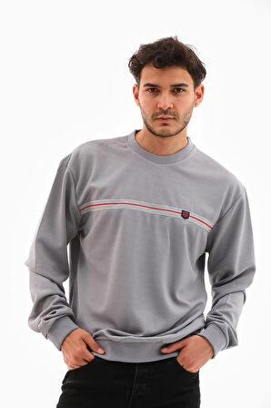 Erkek Gri Mare Jaker Kumaş Bisiklet Yaka Göğüste Şerit Nakışlı Uzun Kollu Sweatshirt - 7657