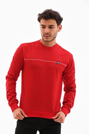 Erkek Kırmızı Mare Jaker Kumaş Bisiklet Yaka Göğüste Şerit Nakışlı Uzun Kollu Sweatshirt - 7657