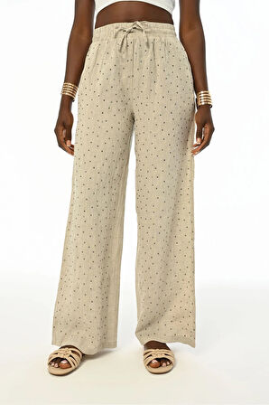 KADIN BELİ LASTİKLİ BOL PAÇA ÖNÜ TAŞ İŞLEMELİ KETEN PANTOLON