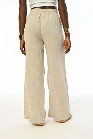 KADIN BELİ LASTİKLİ BOL PAÇA ÖNÜ TAŞ İŞLEMELİ KETEN PANTOLON