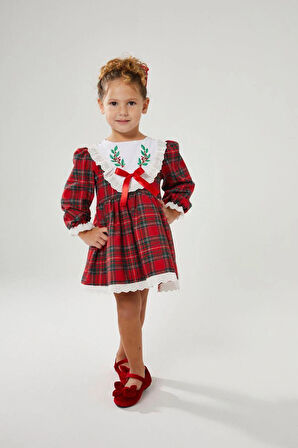 KIZ ÇOCUK EKOSELİ FİSTO YAKA DETAYLI %100 PAMUKLU ELBİSE