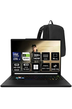 Raider 16 HX Core Ultra 9 275HX RTX 5070 Ti 12GB 140W 40GB RAM 4TB + 4TB SSD 16" QHD+ 240Hz Win11 Home B2WH091TRP390 Gaming Laptop + PER4 Çanta