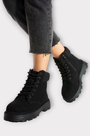 Bileği Lastikli Süet Kalın Taban Kadın Bot SİYAH