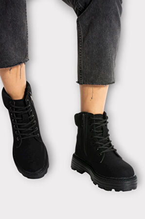 Bileği Lastikli Süet Kalın Taban Kadın Bot SİYAH