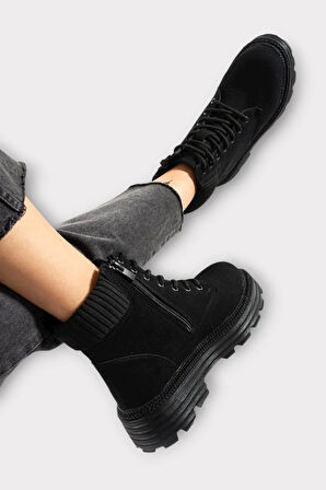 Bileği Lastikli Süet Kalın Taban Kadın Bot SİYAH