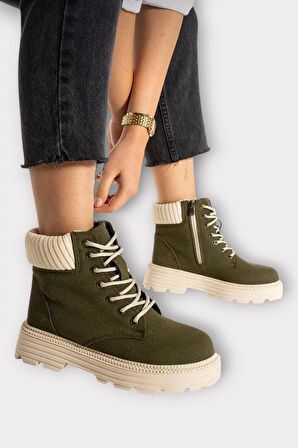 Bileği Lastikli Süet Kalın Taban Kadın Bot YEŞİL