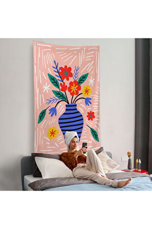 Minimalist Çiçek Mavi Vazoda Renkli Buket Duvar Örtüsü-7662