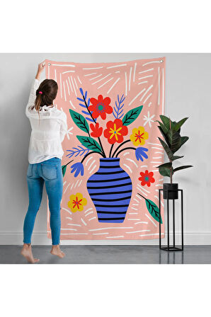 Minimalist Çiçek Mavi Vazoda Renkli Buket Duvar Örtüsü-7662