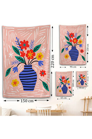 Minimalist Çiçek Mavi Vazoda Renkli Buket Duvar Örtüsü-7662