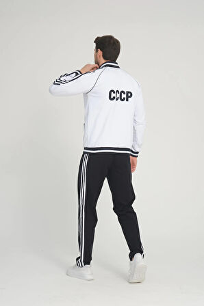 Erkek Beyaz Iki Iplik Kumaş Fermuarlı Dik Yaka Uzun Kol Ribanalı Eşofman Takımı - 7662