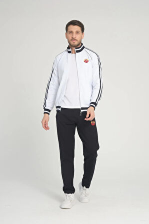 Erkek Beyaz Iki Iplik Kumaş Fermuarlı Dik Yaka Uzun Kol Ribanalı Eşofman Takımı - 7662