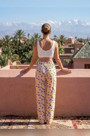Büyük Beden Tek Alt Pijama Yumuşak Milan Kumaş İpli Bel Sarı Limon Baskılı Tropikal Loungewear Pantolon