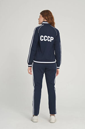 Kadın Fermuarlı Uzun Kol Cepli Dik Yaka Lacivert Eşofman Takımı - 7663