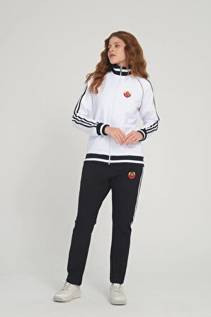 Kadın Fermuarlı Uzun Kol Cepli Dik Yaka Beyaz Eşofman Takımı - 7663