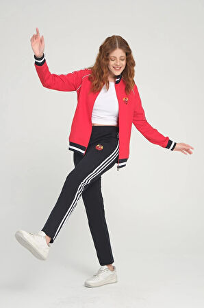 Kadın Fermuarlı Uzun Kol Cepli Dik Yaka Kırmızı Eşofman Takımı - 7663