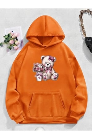 Unisex SevimliAyıcık Baskılı Oversize Kapüşonlu Sweatshirt