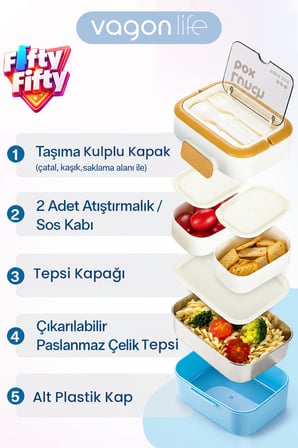 540 ML 2 Kat Paslanmaz Çelik Lunch box Yeni Nesil Sefer Tası Çatal & Kaşık FF6750-540