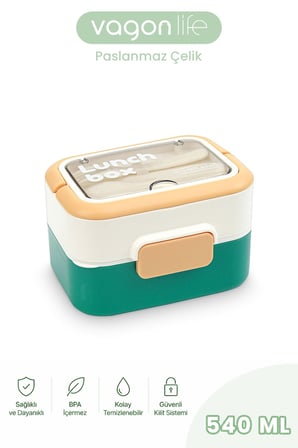 540 ML 2 Kat Paslanmaz Çelik Lunch box Yeni Nesil Sefer Tası Çatal & Kaşık FF6750-540